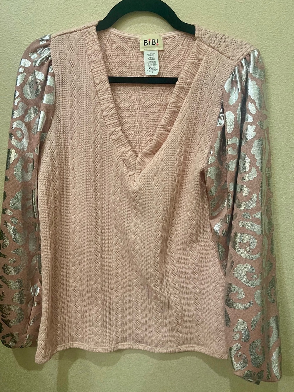 BiBi Pink V-Neck Sweater Top with Metallic Animal-Print Sleeves